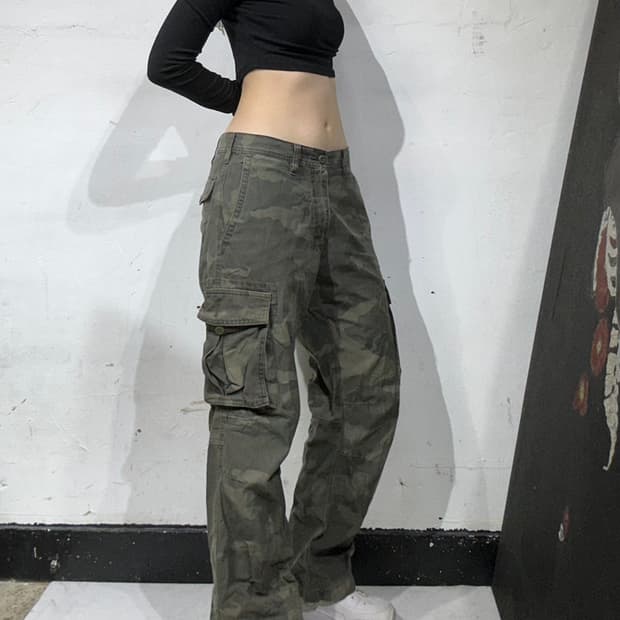 일본 빈티지 베이지 밀리터리 카모 와이드 카고 팬츠 S