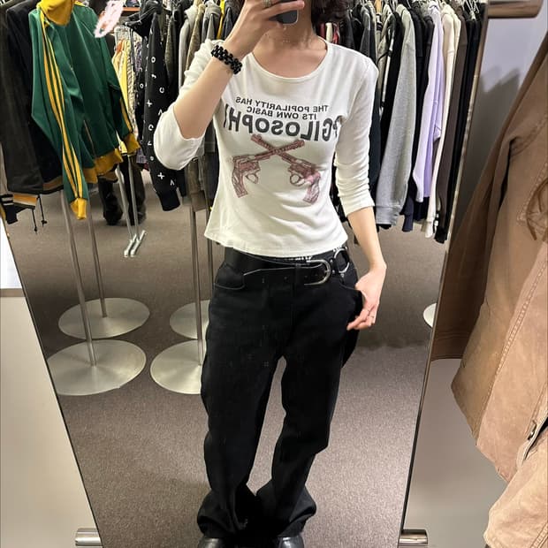 L)Japanese vintage 여성 그래픽 화이트 롱슬리브