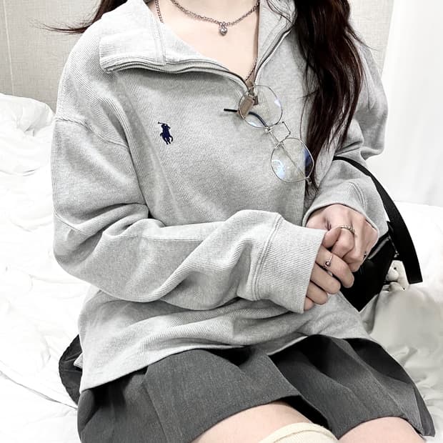 폴로 네이비포니 그레이 코튼 반집업