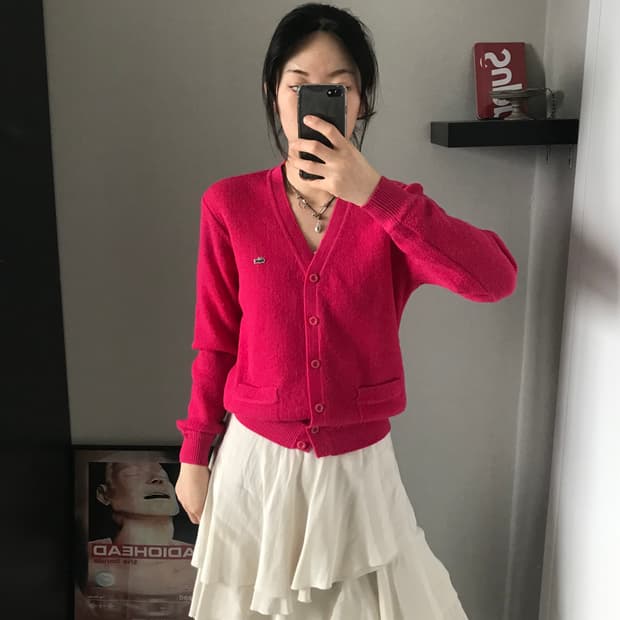 라코스테 로고 핑크 니트 가디건