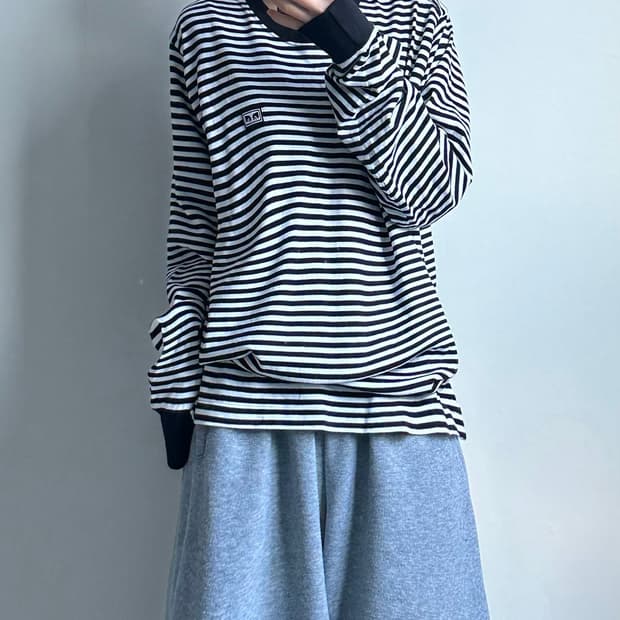 오베이 자수로고 스트라이프 단가라 롱슬리브