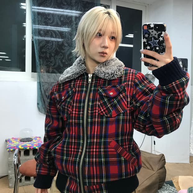 빈티지 체크 투포켓 페디드 양털 카라 점퍼 