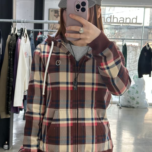 베이프 자수사루 브라운체크 후드집업 데드스탁