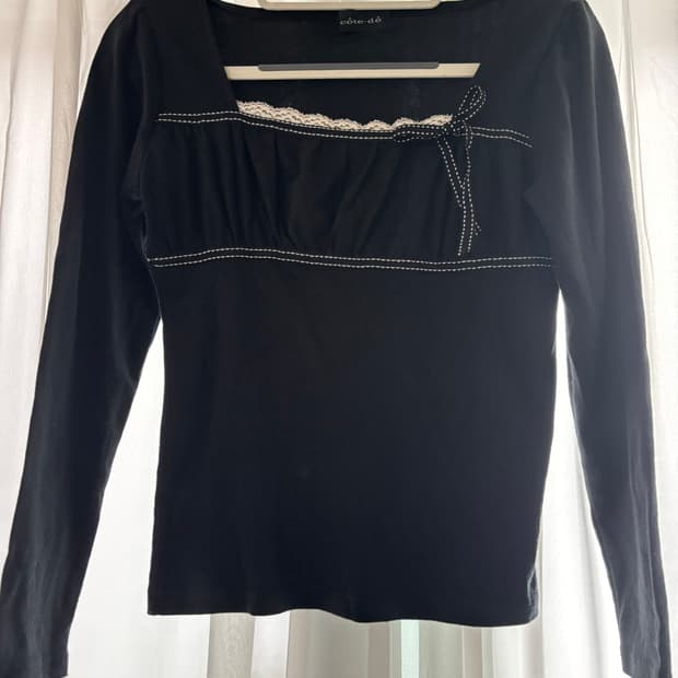 일본빈티지 러블리 리본 레이스 블랙 슬리브리스