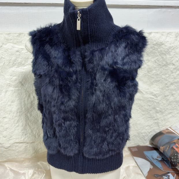 빈티지 네이비 블루 토끼털 울니트 조끼 베스트