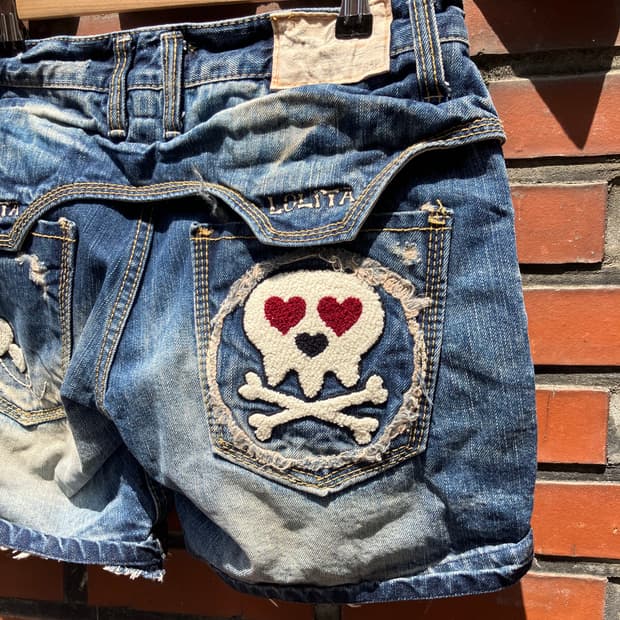 Lolita Jeans 해골 패치워크 디스트로이드 진 반바지 28