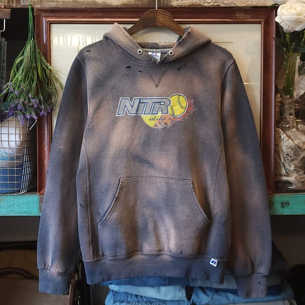 90s 러셀 후드 빈티지 스웻셔츠 썬페이딩 그레이 s