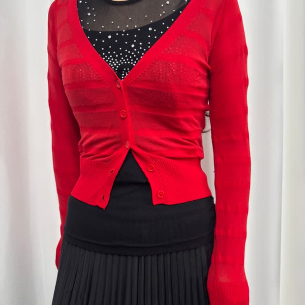 red stripe slim cardigan