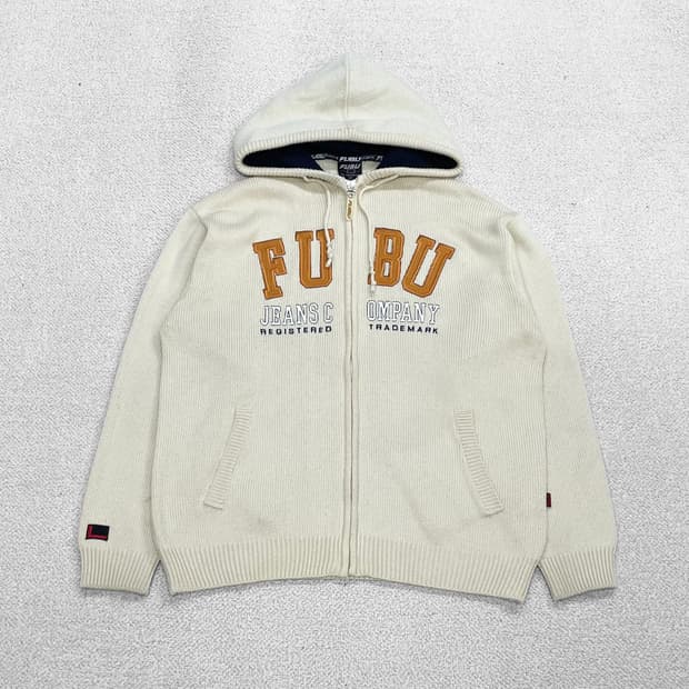 후부 Fubu 90s 스펠 로고 니트 후드 집업 아이보리