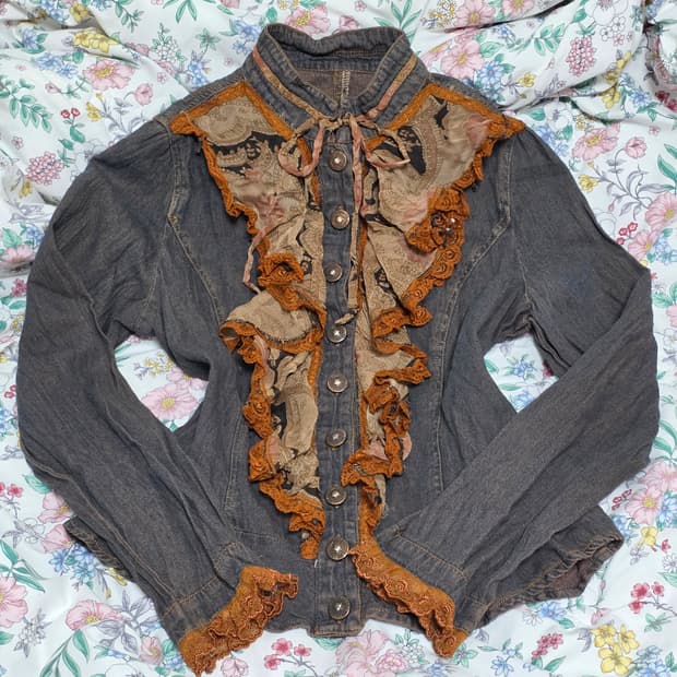 빈티지) 앤틱 프릴 레이스 데님 보헤미안 y2k 셔츠블라우스