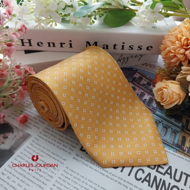 샤를주르당 실크 옐로우 플라워 자수 넥타이 9.5cm A등급 K1433

