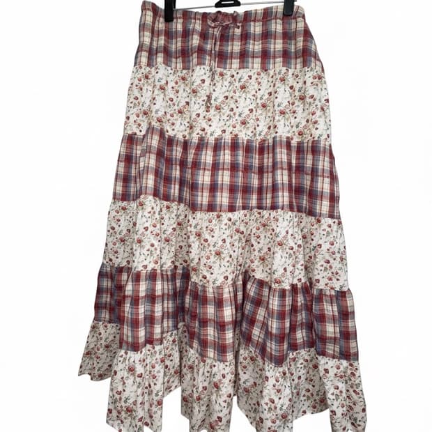 일본 빈티지룩 모리걸 플라워 체크 패턴 롱 스커트