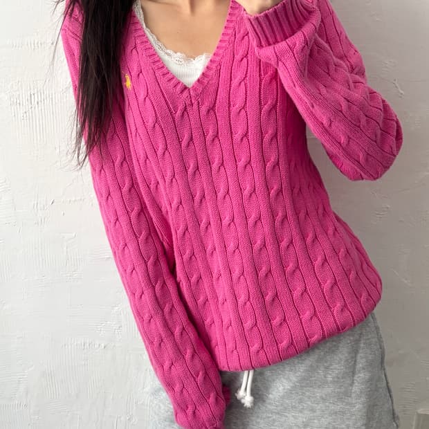 Polo 랄프로렌 스포츠 우먼라인 핑크컬러 케이블 브이넥 니트