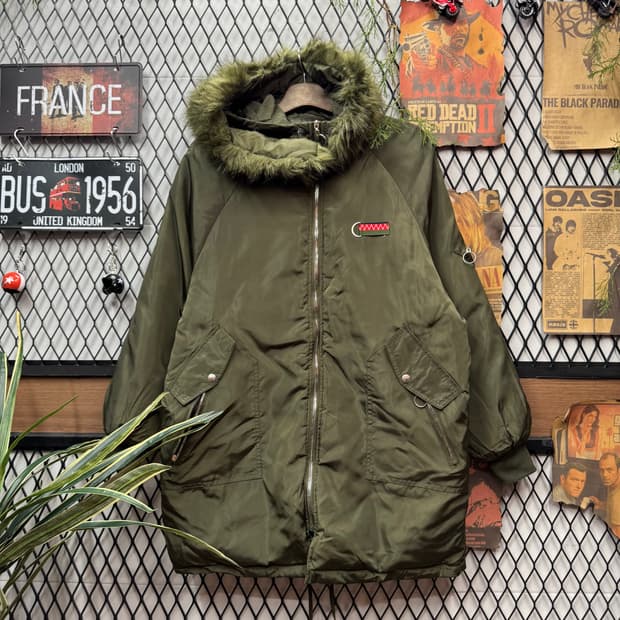 90s JPN VINTAGE 오리지널 자수 패치 후드 퍼 파카 카키