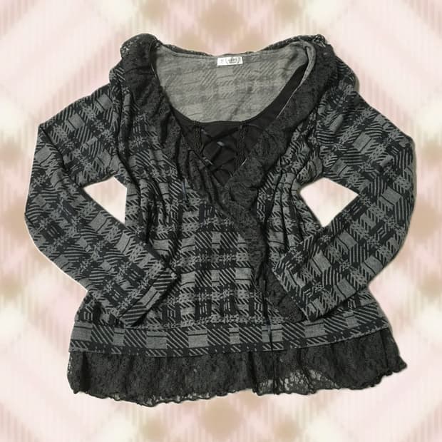 엑시즈팜 체크 레이스 아일렛 레이어드 탑 니트 갸루 오네 오리엔탈 빈티지