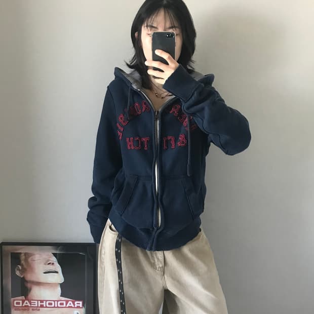 아베크롬비 자수 로고 네이비 후드집업