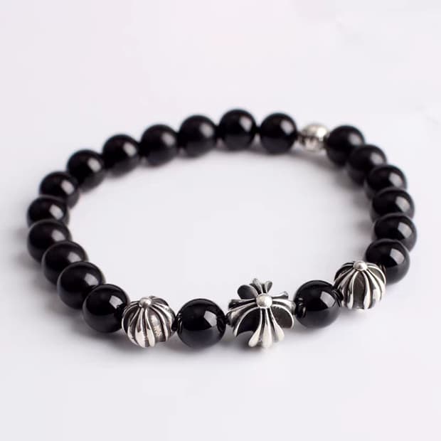 Oceanora S925 크로스 & 비드 팔찌 블랙 오브시디언