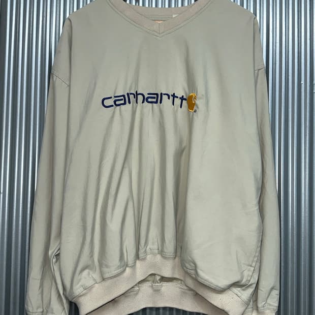 [110(XL)] 칼하트 브이넥 로고 맨투맨 베이지 빈티지