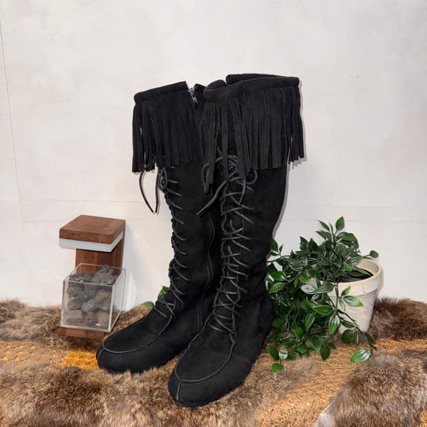 Black western suede fringe laceup boots