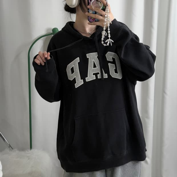 갭 블랙 오버핏 후드 티셔츠 