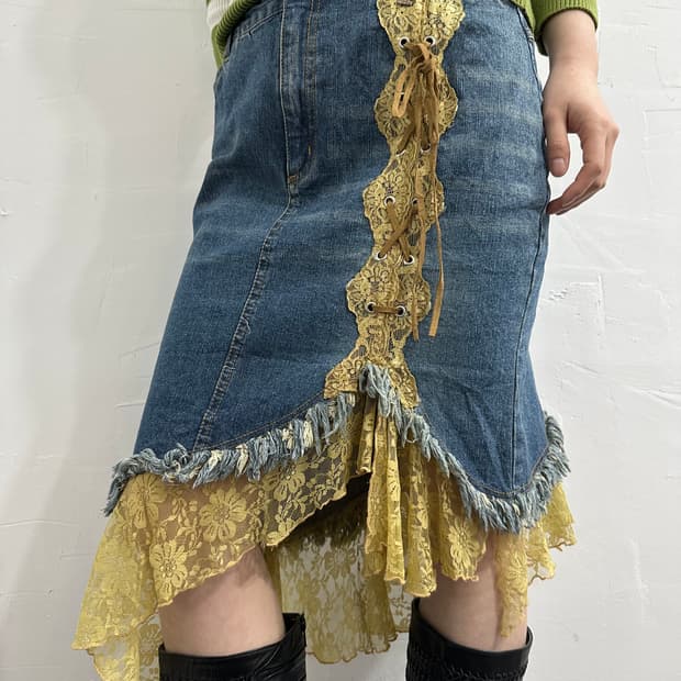 lace eyelet detail denim skirt