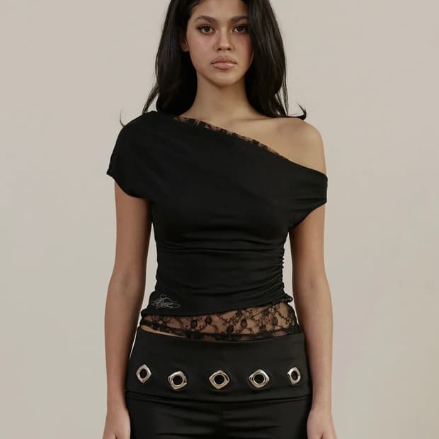 Lace Layerd One Shoulder Short SleeveTop