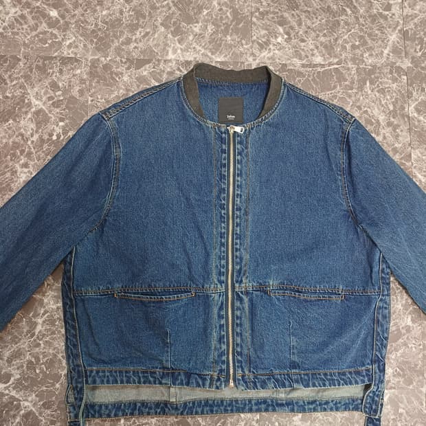 진청 데님 노카라 크롭 자켓 