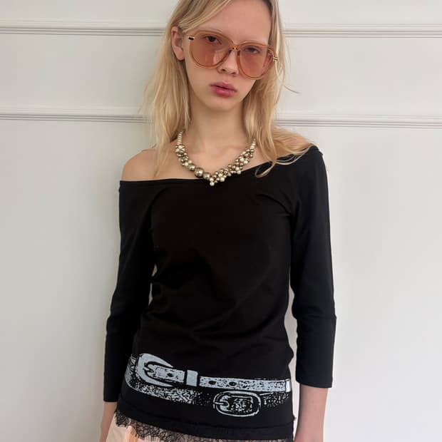 새상품 저스트하우스 lace trim boatneck top black