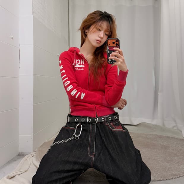 홀리스터 레드 작사 후드집업 + 에볼루션 흑청 힙합 팬츠 세트