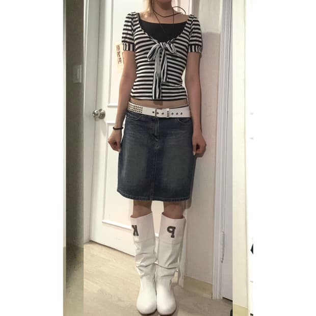 punk set (스트라이프 티/데님 미디스커트)