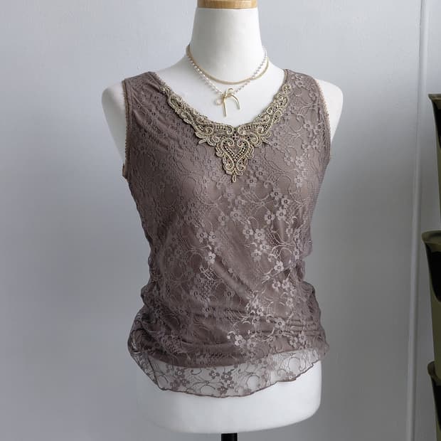 [빈티지] 레이스 브라운 민소매 블라우스