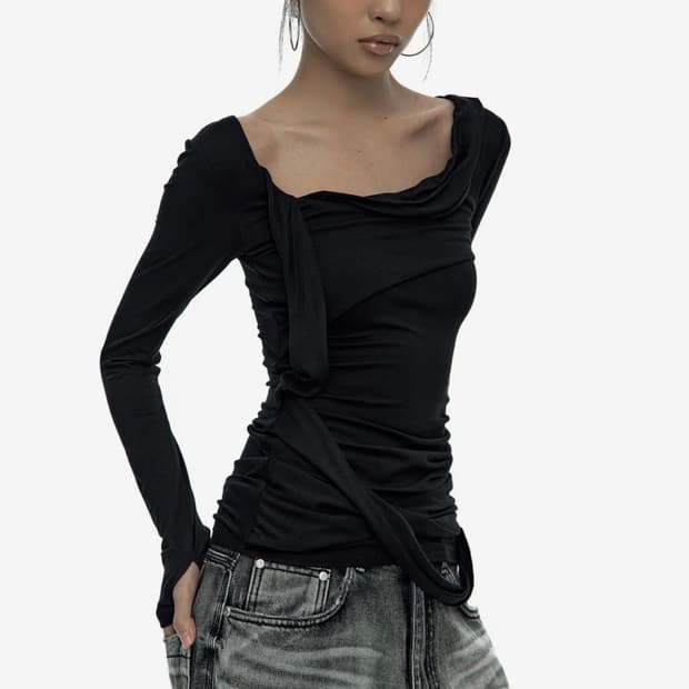 카시코 DrapeAsymmetric드레이프롱슬리브나체플레어업플리즈노팔로우