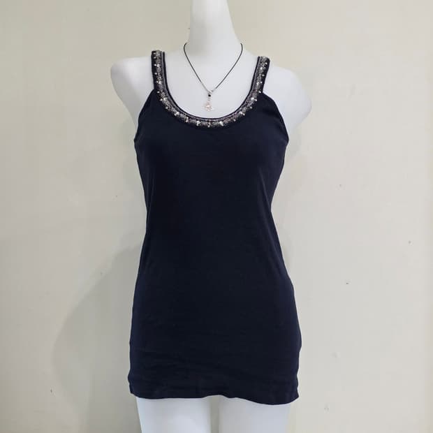 일본빈티지)네이비 오네갸루st 비즈장식 모리걸 y2k 슬리브리스민소매탑