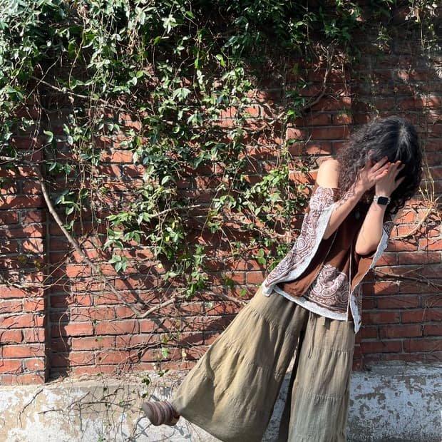 카키 와이드 캉캉 팬츠