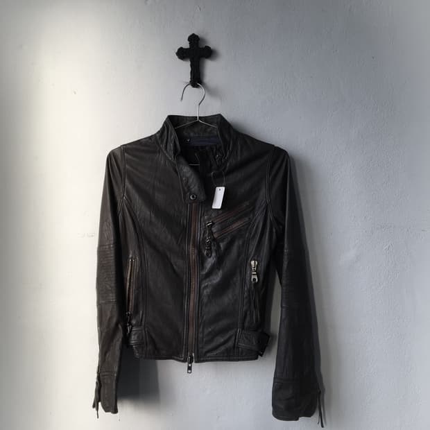Belted high neck leather jacket