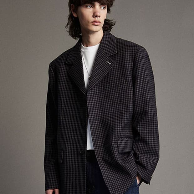 IEY 이에이 GRID CHECK JACKET Navy 체크 자켓 블레이