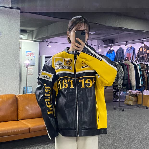 페라리 말보로 패치워크 옐로우 배색 레더 레이싱 자켓 B3719