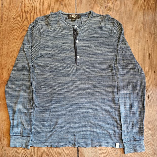 더블알엘 인디고 코튼 스트라이프 헨리넥 