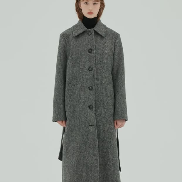 우주스튜디오 울100 카라 싱글 코트 헤링본 블랙 55~66