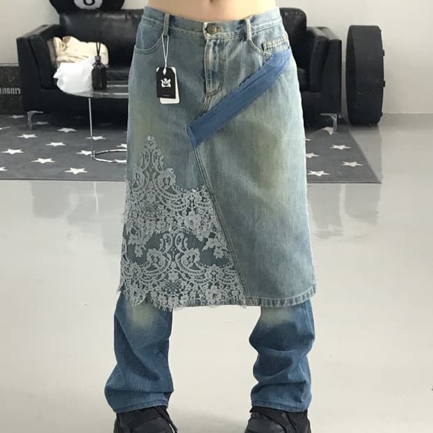 Vintage Denim lace details Midi Skirts