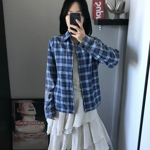 버버리 블루라벨 일본라인 타단체크 블루 셔츠 자켓