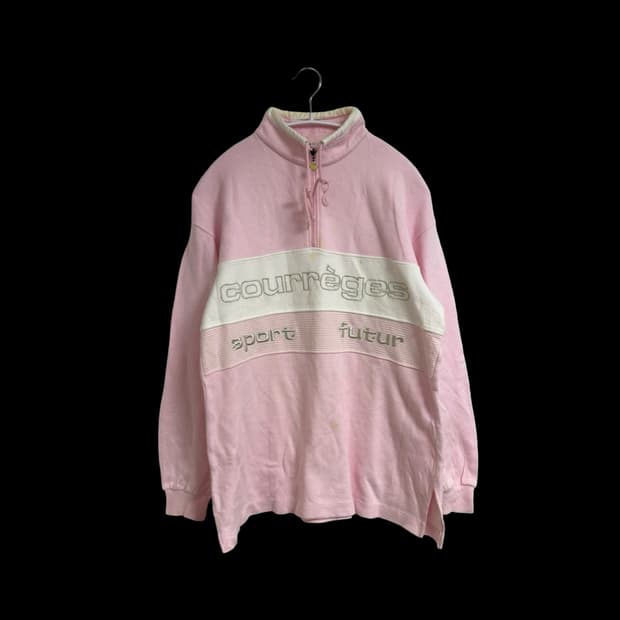90s 꾸레쥬 베이비핑크 빅로고 쿼터 스웻셔츠