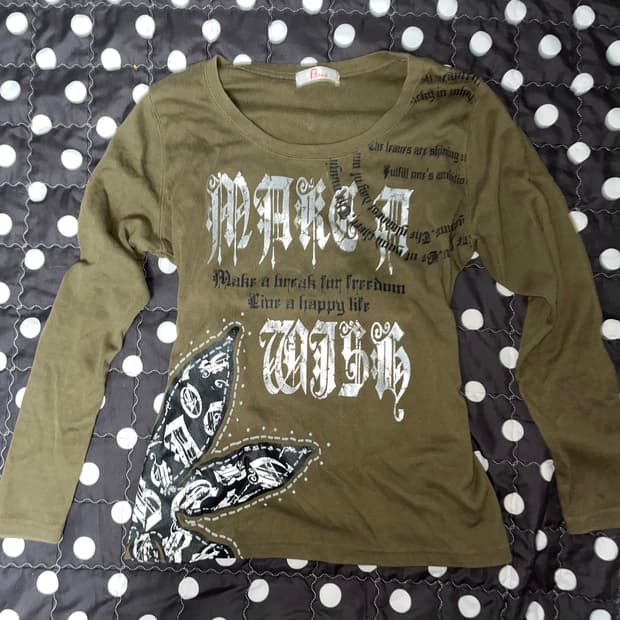 갸루 펑크 슬리브 카키 프린팅 긴팔티셔츠 오네갸루 빈티지y2k