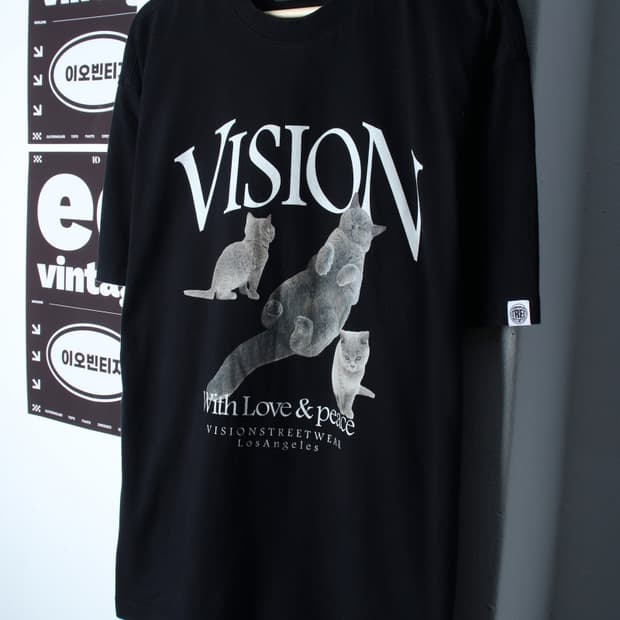 (XL-2XL) 비전스트릿웨어 반팔 티셔츠 고양이프린팅 블랙-H32871