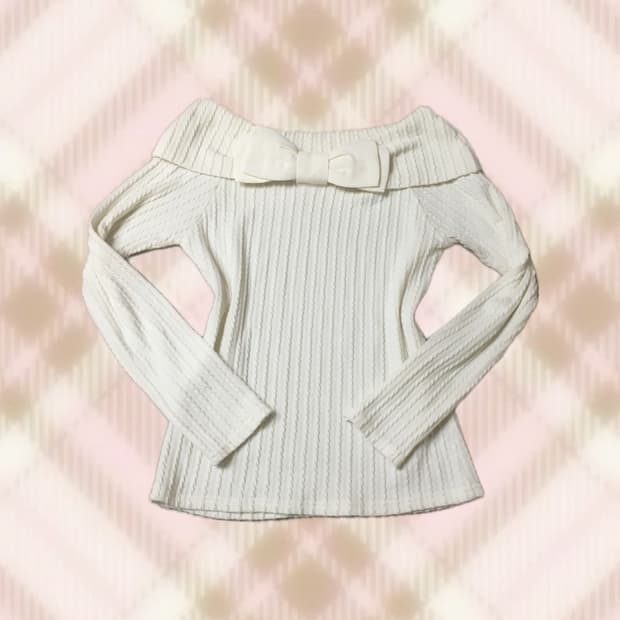 잉그니 꽈배기 리본 오프숄더 니트 라떼 히메 갸루 러블리 로걀 빈티지