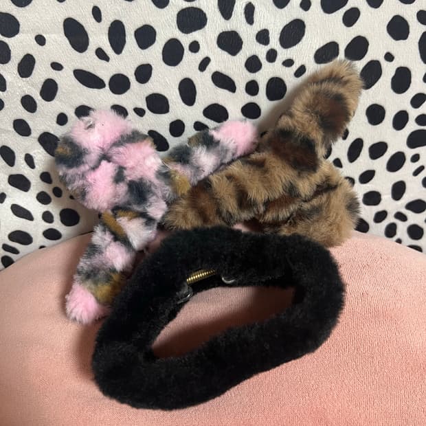 갸루 호피 핑크브라운 퍼 헤어집게핀 일괄 