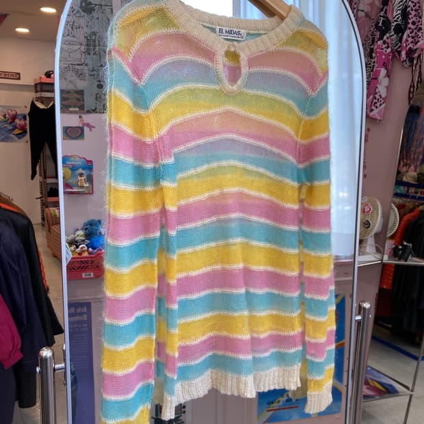 레인보우 솜사탕 스트라이프 시스루 니트