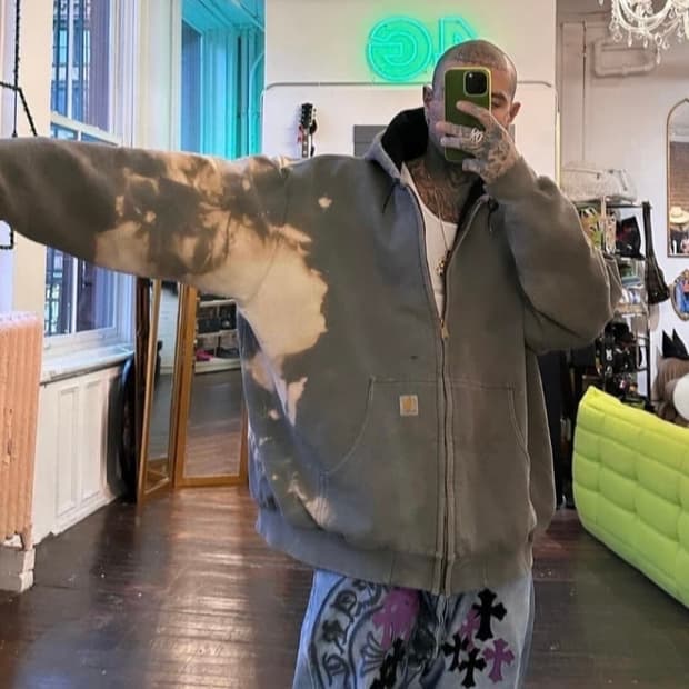 [XL] Y2K 칼하트 더블페이스 트래쉬드 썬페이드 써멀 후드집업 그레이