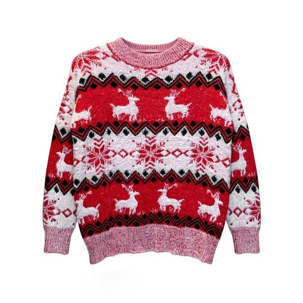 USA VINTAGE 니트 노르틱 루돌프 패턴 배색 디테일 핑크 레드