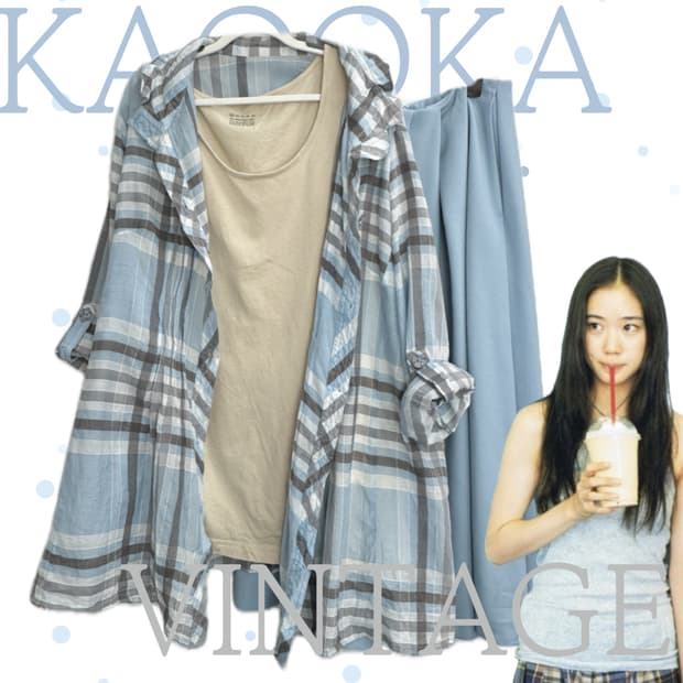 🩵하구미 구름 가득 하늘 코디세트🩵모리걸 체크 레이어드 그런지 빈티지